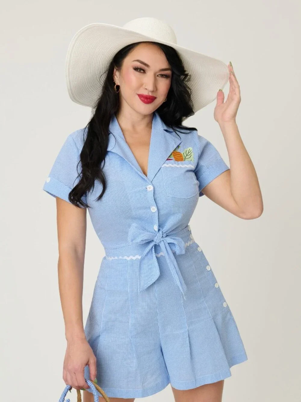 Unique Vintage Blue Gingham Veggie Top & Matching High Waist Shorts NWT - SZ XS